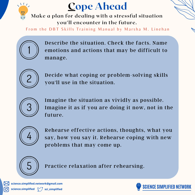 Graphic with a white background and blue font: Cope Ahead. Make a plan for dealing with stressful situation you will encounter in the future. 1. Describe the situation, check the facts, ahem emotions and actions that might be difficult to manage. 2. Describe what coping to problem solving skills you’ll use in the situation. 3. Imagine the situation as vividly as possible, imagine it as if you are doing it now not the future. 4. Rehearse effective actions, thought, what you say, how you say it, rehearse coping with new problems that come up. 5. Relax after rehearsing.