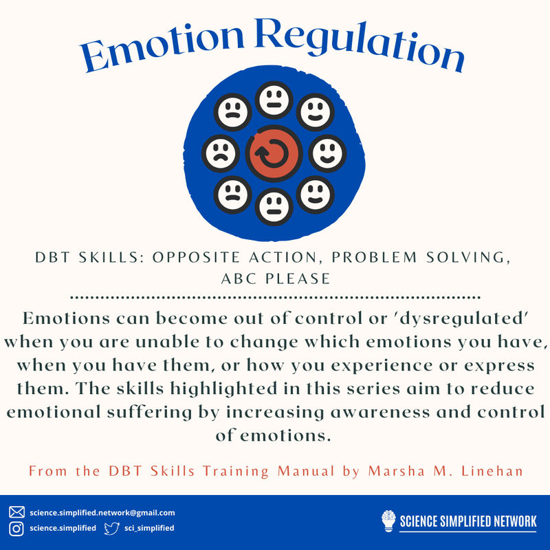 Title: Emotion Regulation. Underneath is a picture of faces with different expressions around a curved arrow. Subtitle: DBT skills: opposite action, problem solving, ABC Please. Underneath a line separator it says: Emotions can become out of control or
'Dysregulated' when you are unable to change which emotions you have,
when you have them, or how you experience or express them. The skills highlighted in this series aim to reduce emotional suffering by increasing awareness and control of emotions. From the DBT skills training manual by Marsha M Linehan. 