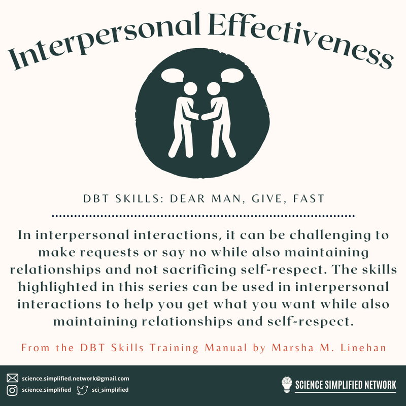 Title: Interpersonal Effectiveness. Underneath is a picture of people shaking hands with speech bubbles. Subtitle: DBT skills: DEAR MAN, GIVE, FAST. Underneath a line separator it says: In interpersonal interactions, it can be challenging to
make requests or say no while also maintaining relationships and not sacrificing self-respect. The skills highlighted in this series can be used in interpersonal interactions to help you get what you want while also
maintaining relationships and self-respect. From the DBT skills training manual by Marsha M Linehan.