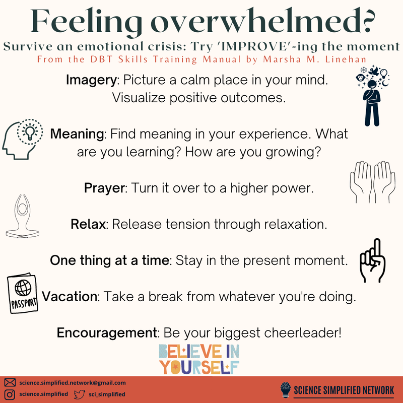 Title: Feeling overwhelmed? Subtitle: Survive an emotional crisis: Try distracting with ‘IMPROVE’ing the moment. From the DBT skills training manual by Marsha M. Linehan. Imagery: Picture a calm place in your mind. Visualize positive outcomes. Meaning: Find meaning in your experience. What are you learning? How are you growing? Prayer: Turn it over to a higher power. Relax: Release tension through relaxation. One thing at a time: Stay in the present moment. Vacation: Take a break from whatever you're doing. Encouragement: Be your biggest cheerleader!