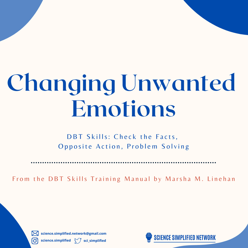 Title: Changing unwanted emotions. Subtitle: DBT Skills: Chec the facts, opposite action, problem solving. From the DBT skills training manual by Marsha M. Linehan