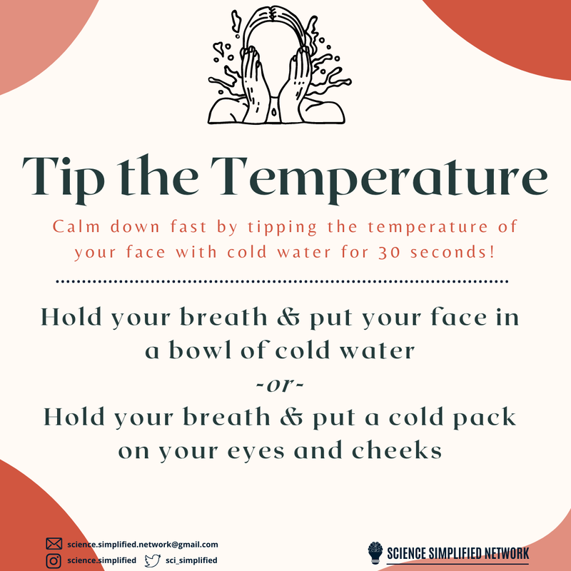 Image of a person splashing water on their face. Title: Tip the temperature. Subtitle: Calm down fast by tipping the temperature of your face with cold water for 30 seconds. A line separates the following text: Hold your breath & put your face in a bowl of cold water or hold your breath & put a cold pack on your eyes and cheeks. 