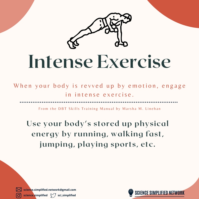 Image of a person doing push ups with weights in their hands. Title: Intense exercise. Subtitle: When your body is revved up by emotion, engage in intense exercise. A line separates the following text: Use your body’s stored up physical energy by running, walking fast, jumping, playing sports, etc. 