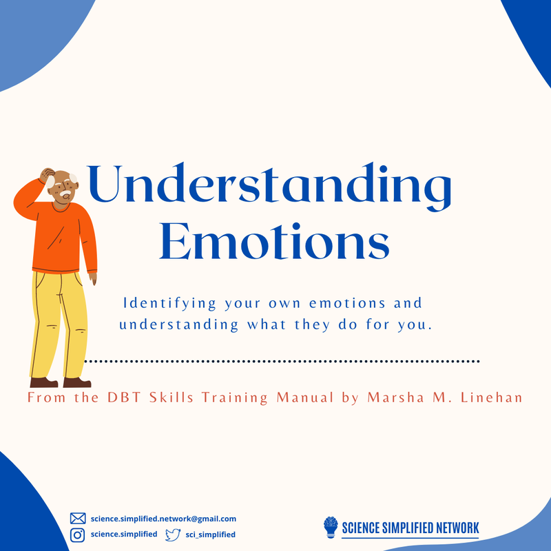Title: Understanding emotions. Subtitle: Identifying your own emotions & understanding what they do for you. From the DBT skills training manual by Marsha M. Linehan. A person with white hair and brown skin is scratching their head next to the words.